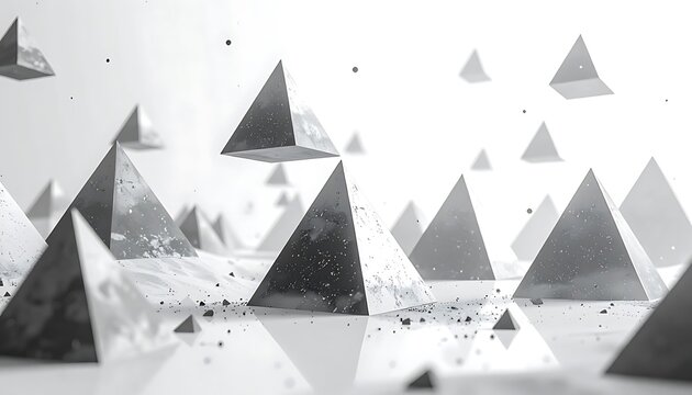 Abstract geometric landscape with scattered pyramids and particles, monochrome, minimalist design, architectural concept