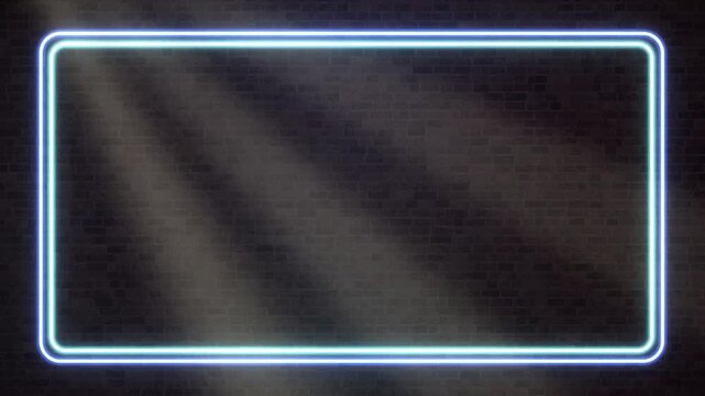 Glowing Blue Neon Rectangle Frame on Dark Brick Wall Background