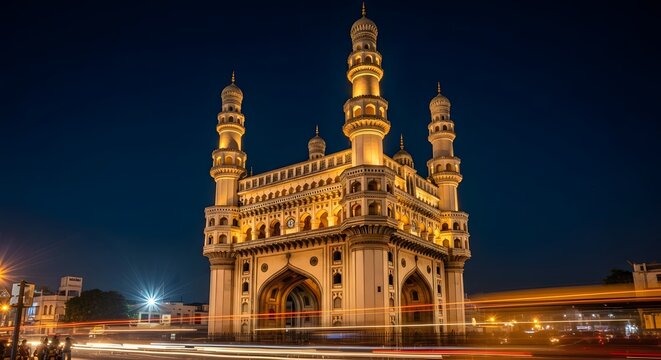 Charminar monument illuminated at night in Hyderabad India.