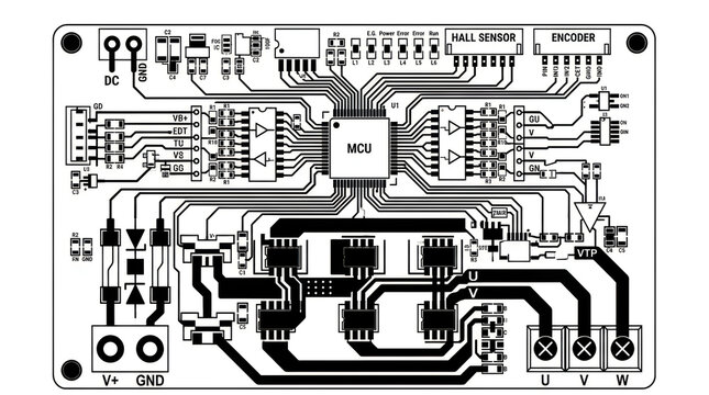 Black and white printed circuit board electronic diagram layout
