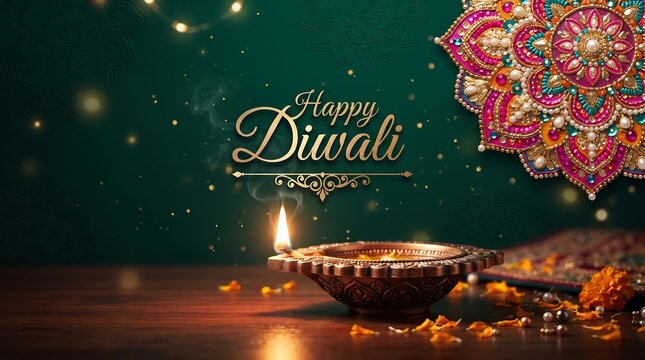 Happy Diwali greeting banner with a glowing brass diya oil lamp and an ornate colorful mandala on a dark green background.
