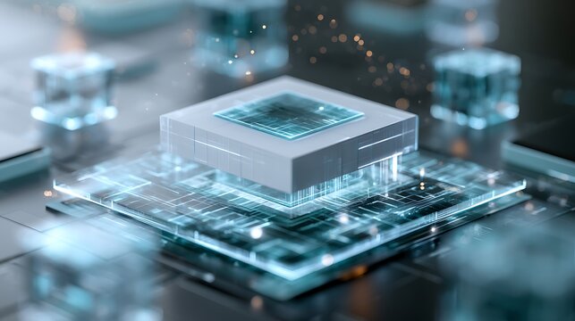 3D rendering of a microchip on a circuit board with glowing blue lights