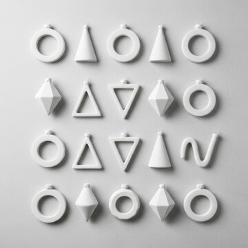 Geometric white ornaments arranged in grid, featuring circle, triangle, diamond, cone, and wave shapes on textured gray background Christmas Concept