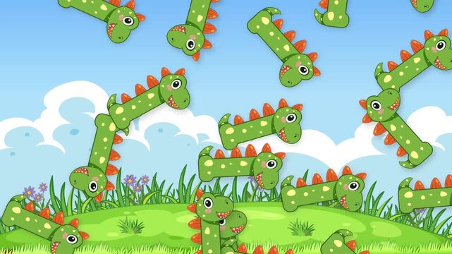 Cartoon Green Dinosaur Characters Falling Over a Grassy Hill Background