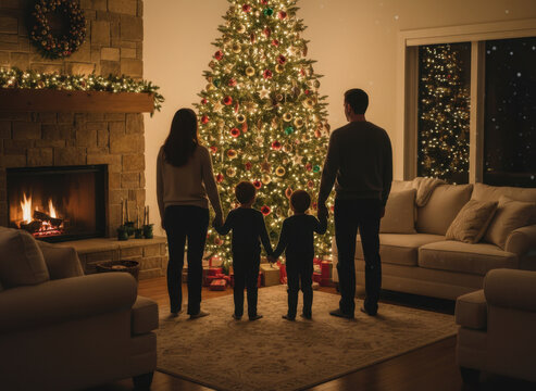Family Christmas tree fireplace living room holiday celebration decorated Christmas tree warm family celebration beside decorated Christmas tree and fireplace cozy living room Christmas Concept