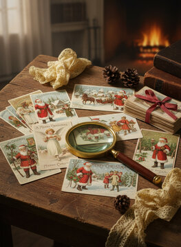 Vintage Christmas postcard rustic wooden table fireplace magnifying glass pine cone ribbon wrapped book lace ornament Christmas Concept