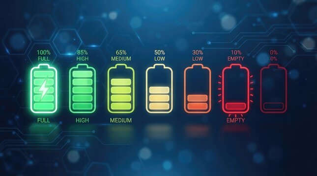 The image displays a graphic illustrating battery levels. It shows five stylized battery icons, each representing a percentage of charge, ranging from 100% full to 0% empty.