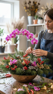 Woman arranging festive Christmas flower centerpiece with pink orchid, evergreen branch, red berry, pinecone, and candle in cozy home workshop Christmas Concept