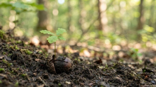 A young oak seedling emerges from the soil in a forest setting. The seedling is nestled among dark earth and moss, with a fallen acorn nearby.