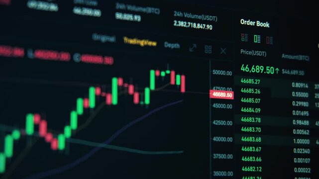 Dynamic cryptocurrency market data display showing real-time price fluctuations and order book movements on dark interface digital screen.