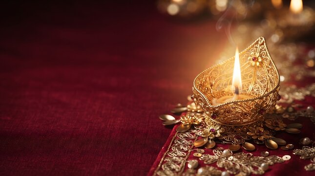 Ornate gold filigree diya lamp burning brightly on embroidered red fabric with copy space for Diwali festival celebration.
