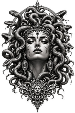 Classical Medusa Statue Portrait with Snakes Hair, Ancient Greece Folklore Mythological Female Demon Sculpture