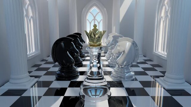 3D Glass Chess Queen Piece with Golden Crown Between Black and White Knight Horse Pieces Motion Background Abstract Strategy Leadership Concept Video Loop for Business and Success