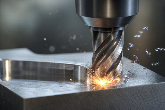 Macro CNC milling sparks on bright steel block