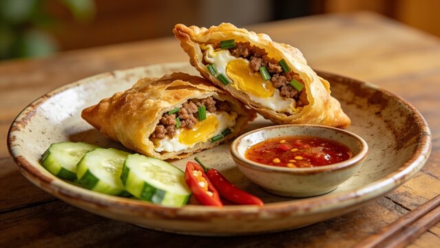 Martabak Telur mini Savory stuffed fried pastry cut open showing egg and minced meat filling, served with spicy red chili sauce, fresh chilies, and cucumber slices.