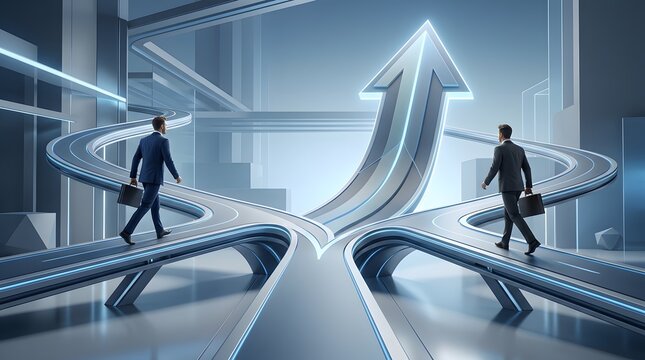 Future oriented business leaders navigate upward arrows in a tech city.