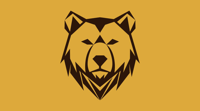 Detailed black geometric bear head logo on gold background.