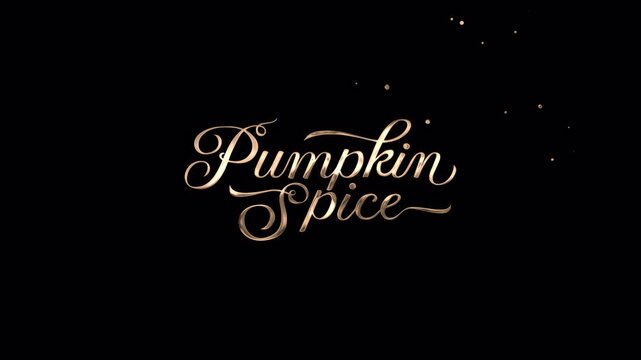 Pumpkin spice text animation in gold on a transparent alpha channel background. It is great for autumn greetings, banners, reveal videos, etc.