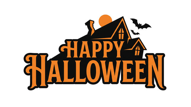 Happy halloween text logo with haunted house illustration bats and moon design on white background.