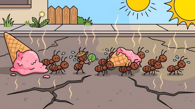 Cartoon ants carrying melted ice cream on hot cracked summer sidewalk illustration