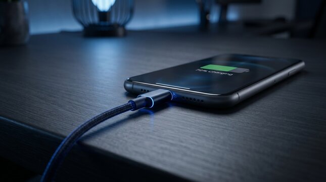 Smartphone charging on wooden desk with cable connected.