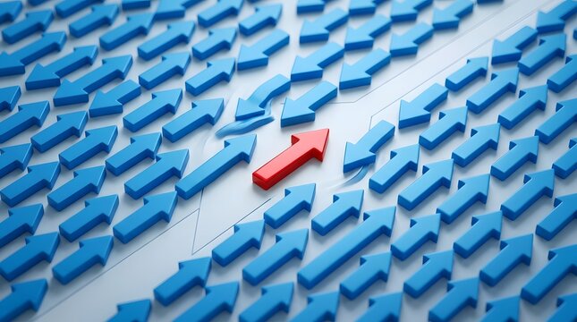 One Red Arrow Among Blue Arrows Symbolizing Focus.