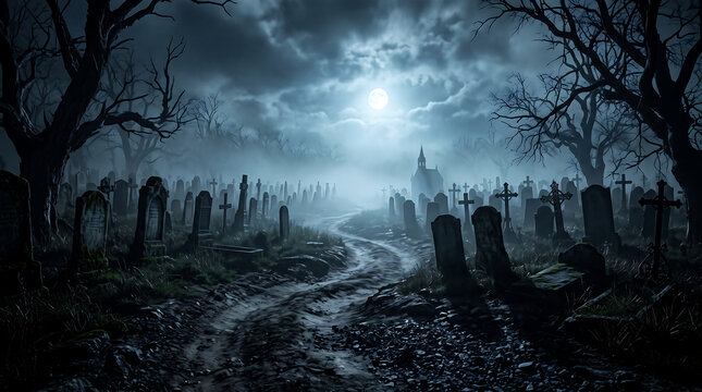 Haunted graveyard with tombstones under bright full moon in spooky misty night forest scene.