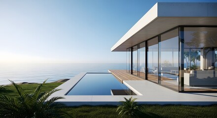 Fototapeta premium This photograph captures a modern luxury mansion under a real estate architecture concept, featuring expansive glass windows, property, and a swimming pool, with no people present.