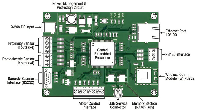 Green electronic circuit board with processor and various connectors