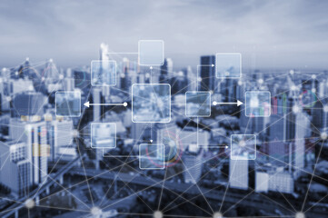 Fototapeta premium Abstract Urban Network with Digital Connections Over City Skyline Featuring Technological Innovation and Data Visualization Concepts. Bitwise.