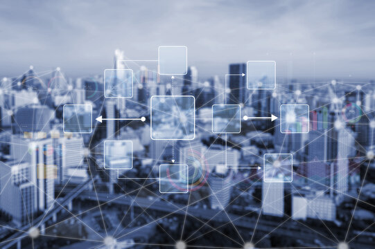 Abstract Urban Network with Digital Connections Over City Skyline Featuring Technological Innovation and Data Visualization Concepts. Bitwise.