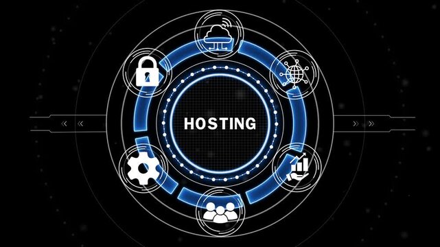 HOSTING Digital Technology Concept with Futuristic HUD Interface, Web Hosting, Cloud Computing, Server Infrastructure and Secure Network.