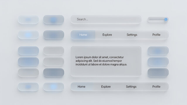 Glassmorphic user interface elements with search bar and toggle switch