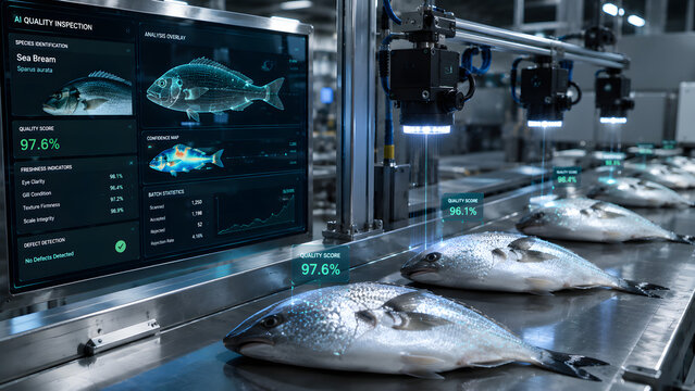 Automated AI quality inspection of fresh fish on a seafood processing line
