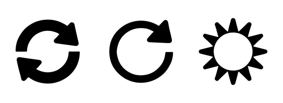 Black circular reload arrows and stylized sun icon for daylight theme switching or weather app interface set.