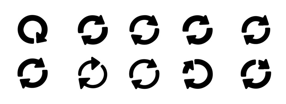 Set of black rotation arrow icons for web design featuring various circular reload and update symbol layouts.