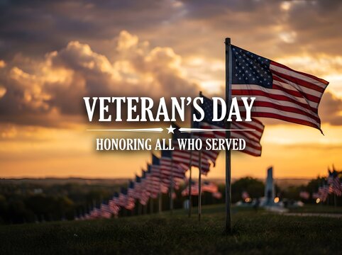 American flags waving at sunset honoring veterans day and military service