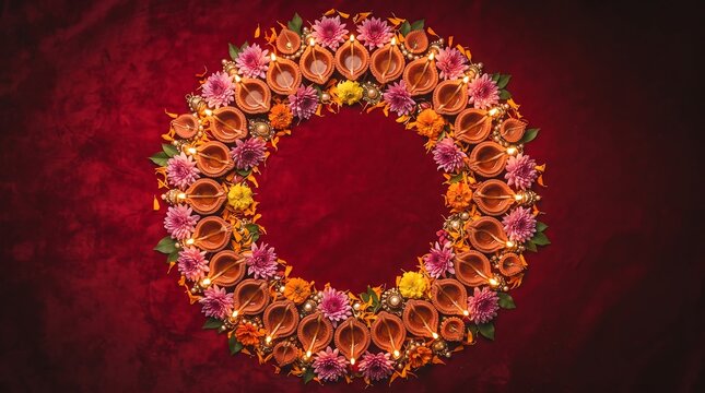 Circular floral rangoli design with glowing clay diya oil lamps, pink chrysanthemums, and marigolds on rich red background for Diwali.