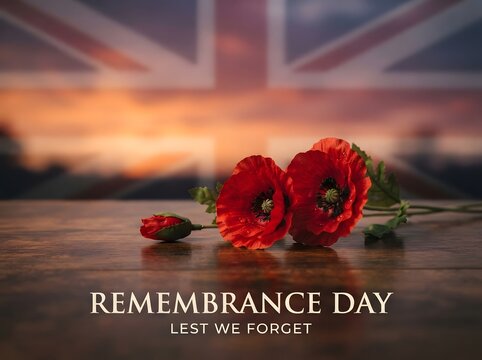 Remembrance day poppies with a blurred union jack flag in the background