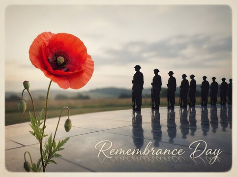 Remembrance day ceremony with a vibrant red poppy in the foreground and soldiers