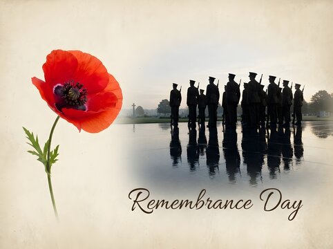 Remembrance day tribute with a vibrant red poppy and silhouetted soldiers