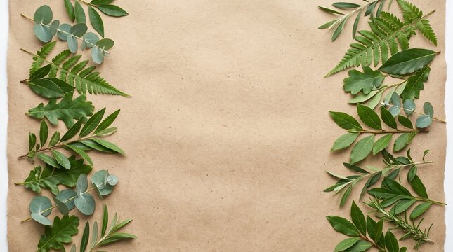 Fresh Green Leaves Border Frame on Brown Kraft Paper Background Flat Lay Top View Eco Friendly Design