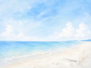 Fototapeta premium 青空と透明な海が広がる夏の砂浜の水彩風景