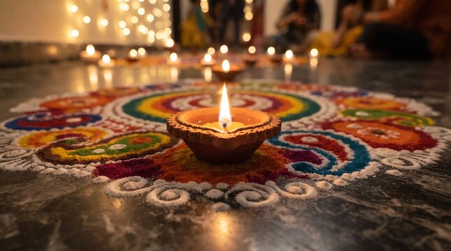 Brightly lit clay diya oil lamp placed on a colorful traditional sand rangoli pattern on the floor for Diwali celebrations.