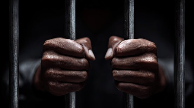 Close up of hands gripping dark prison cell bars