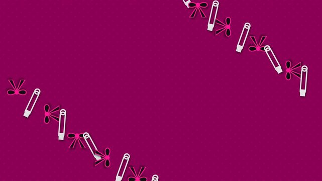 Animated diagonal pattern of safety pins and bows scrolling over a magenta background with a subtle halftone texture