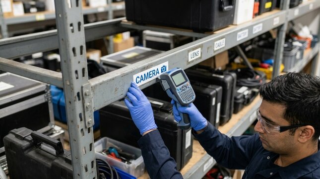 Category label peeled away as staff mark a new section of storage shelving | Storage Shelving Labeling With Equipment Category Tags Stock Photo