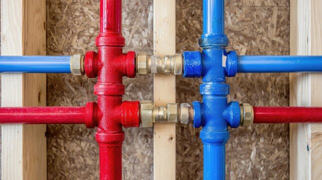 Close-up of PEX plumbing manifold in wood framing.