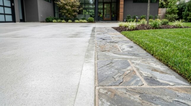 Polished grey concrete driveway meets natural slate stone walkway edge adjacent to vibrant green manicured residential lawn.