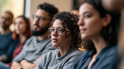 Obraz premium Diverse group of people attentively listening during a presentation with soft natural light